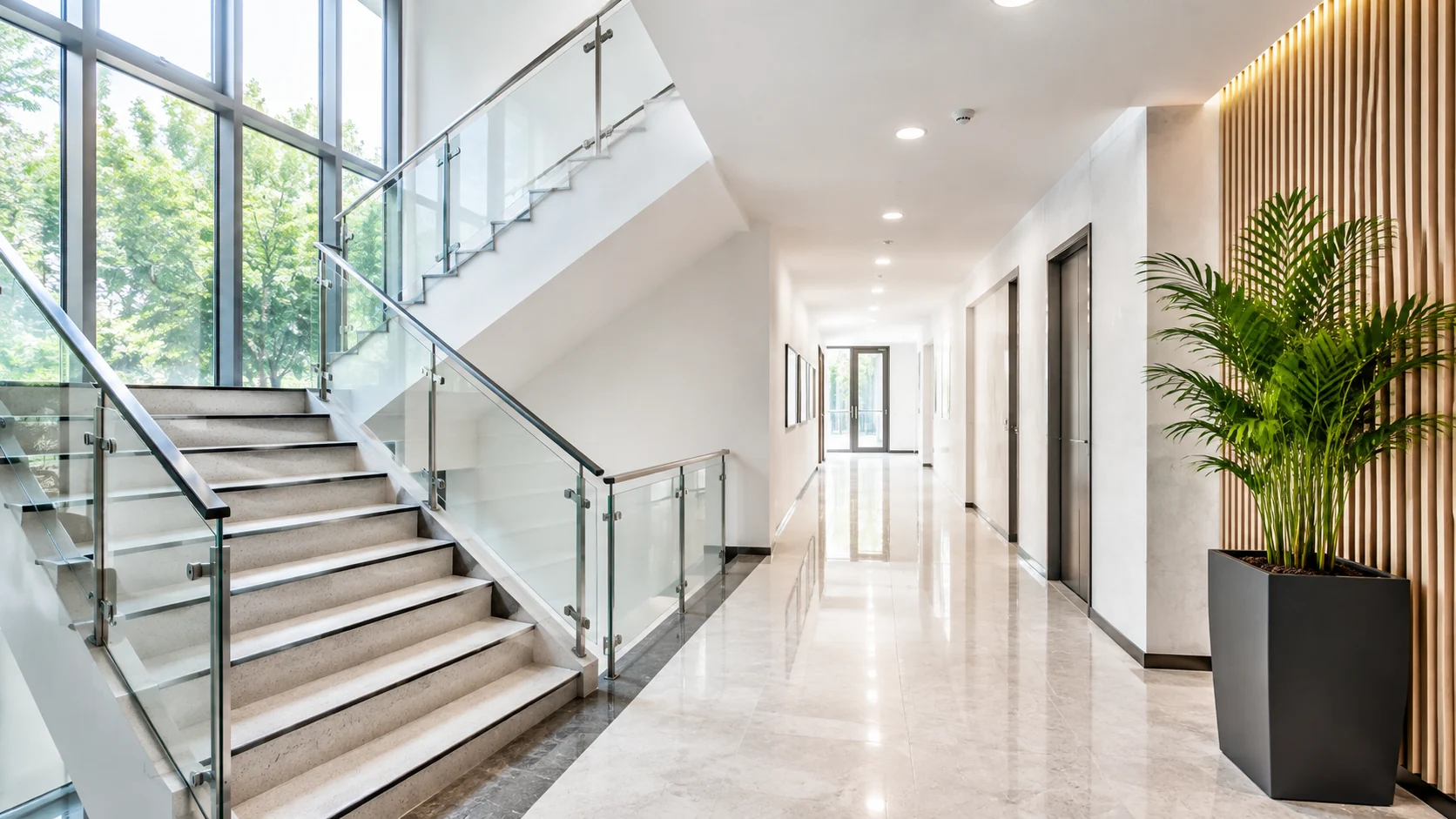 Clean communal hallway and staircase
